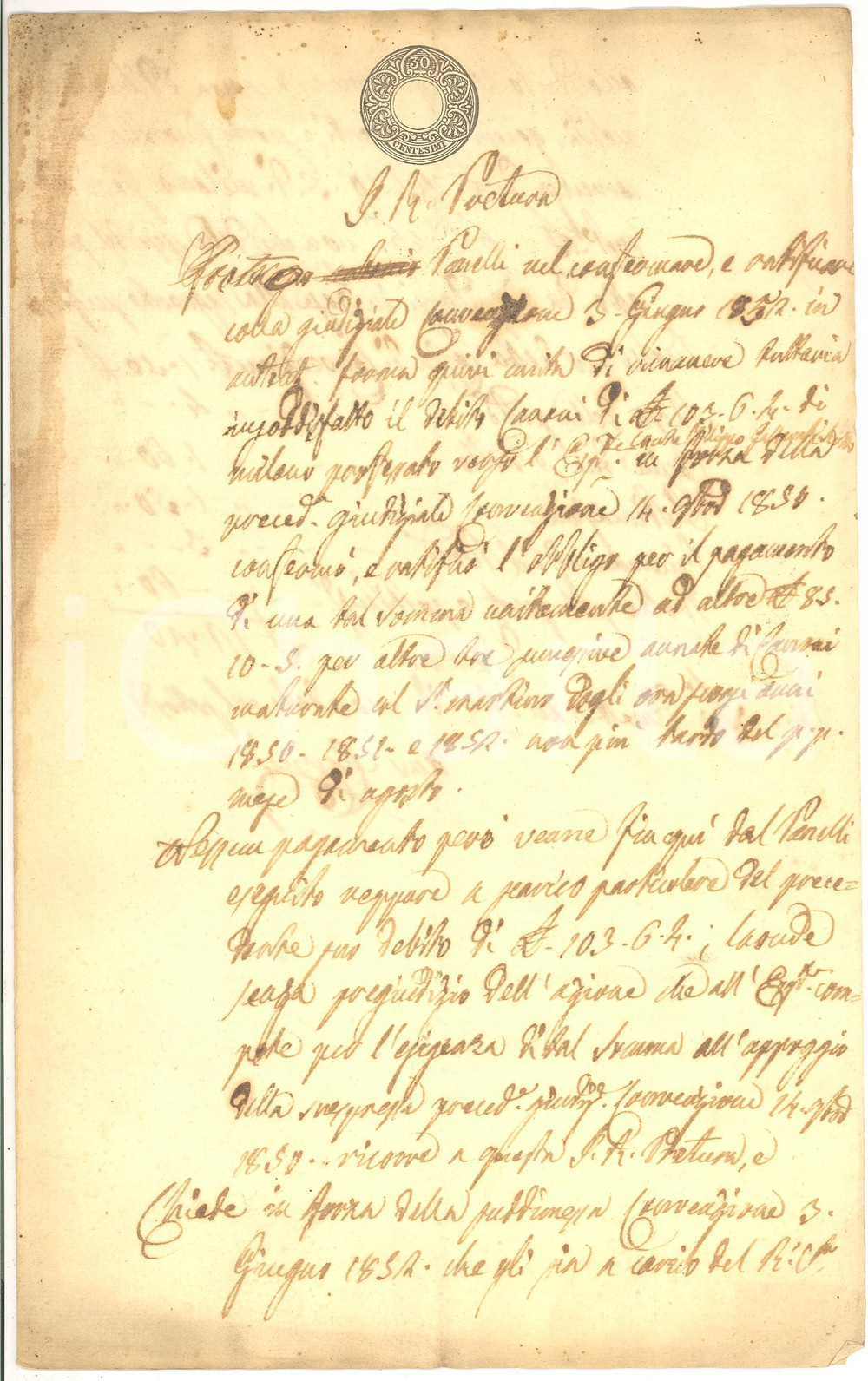 Documento originale, autentico 1853 ZERBO (PV) Pietro PANELLI affittuario insolvente 1