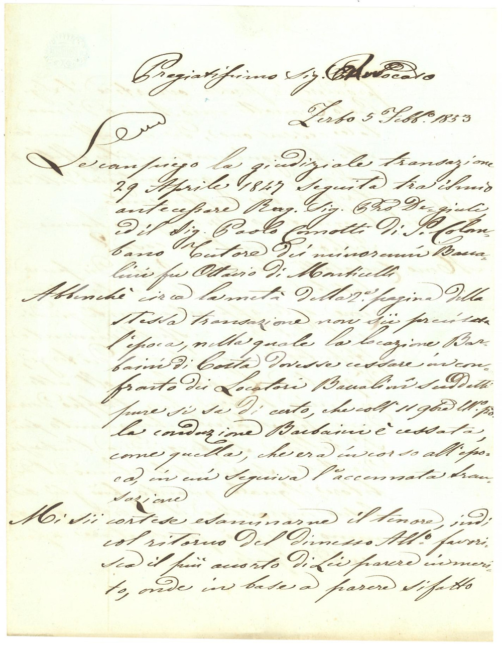 Documento originale, autentico 1853 ZERBO (PV) Avv. Carlo ARRIGONI su locazione pro minorenni BACCALINI 1