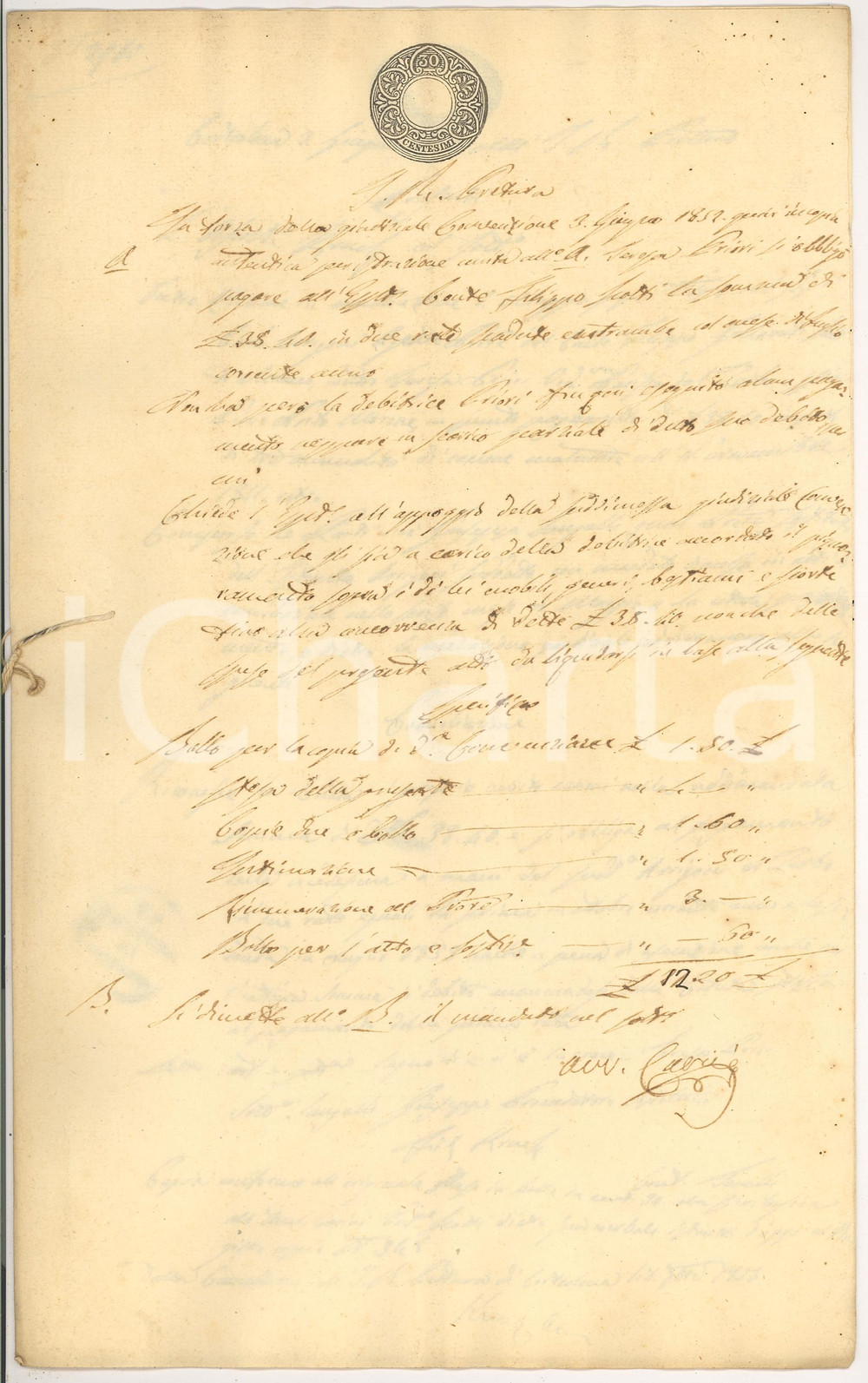 Documento originale, autentico 1852 CORTEOLONA (PV) Teresa PRIORI concilia debito conti GALLARATI SCOTTI 1