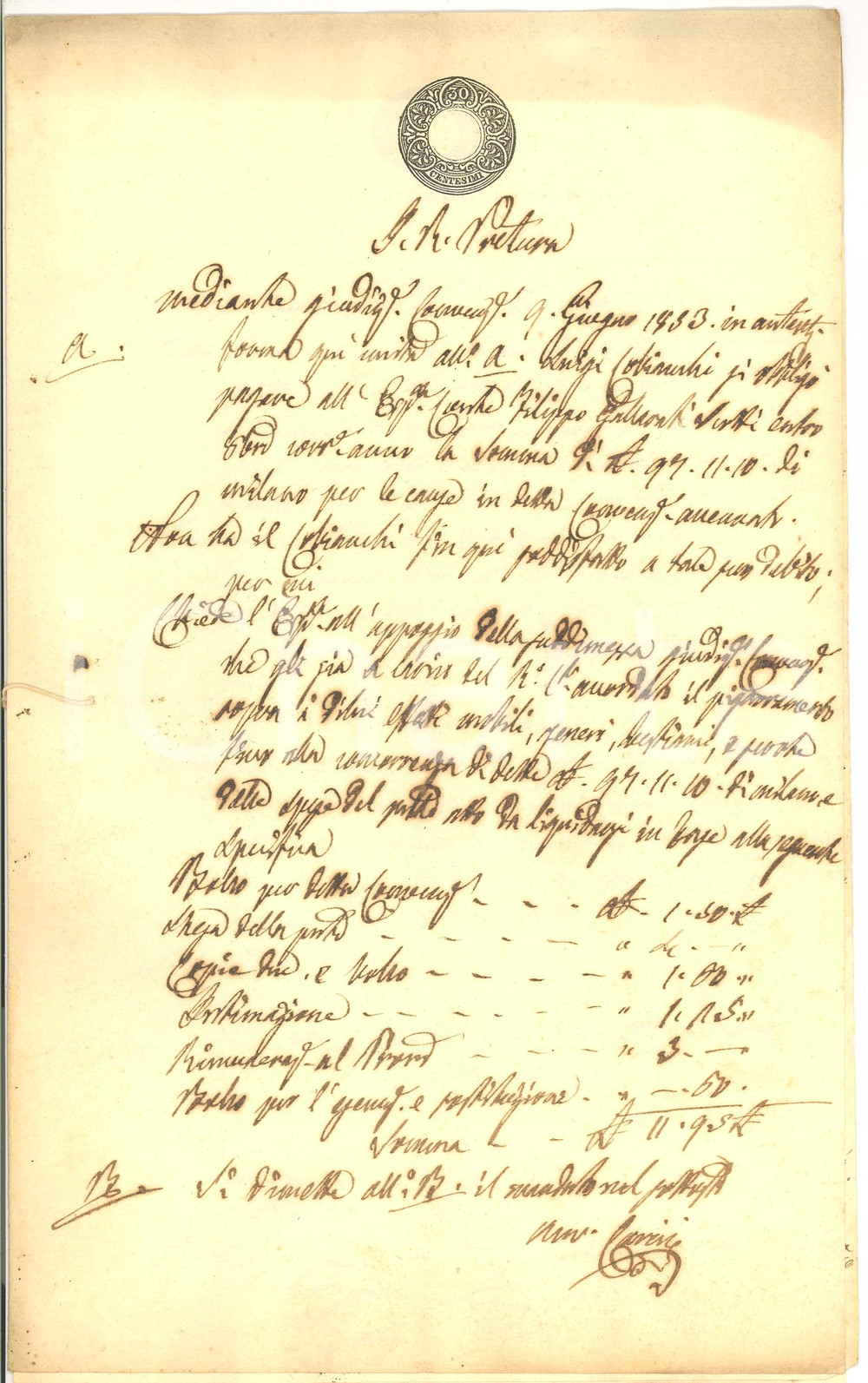 Documento originale, autentico 1853 PIEVE PORTO MORONE (PV) Luigi COBIANCHI debitore conte GALLARATI SCOTTI 1
