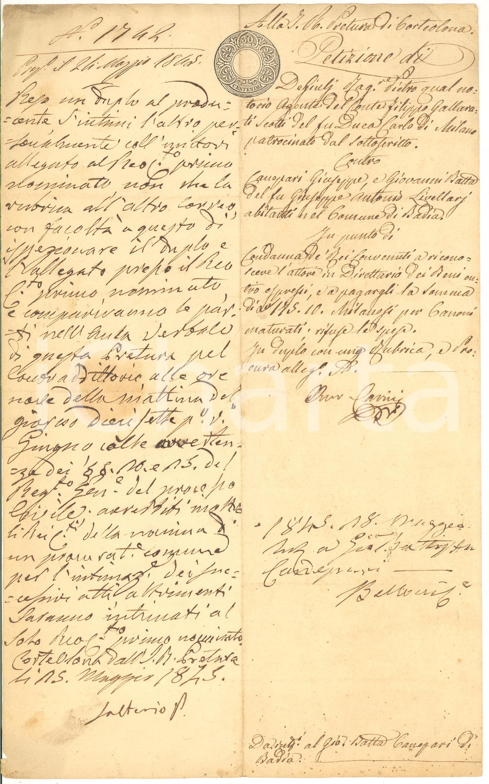Documento originale, autentico 1845 BADIA PAVESE Condanna Giuseppe CANEPARI debitore del conte GALLARATI SCOTTI 1