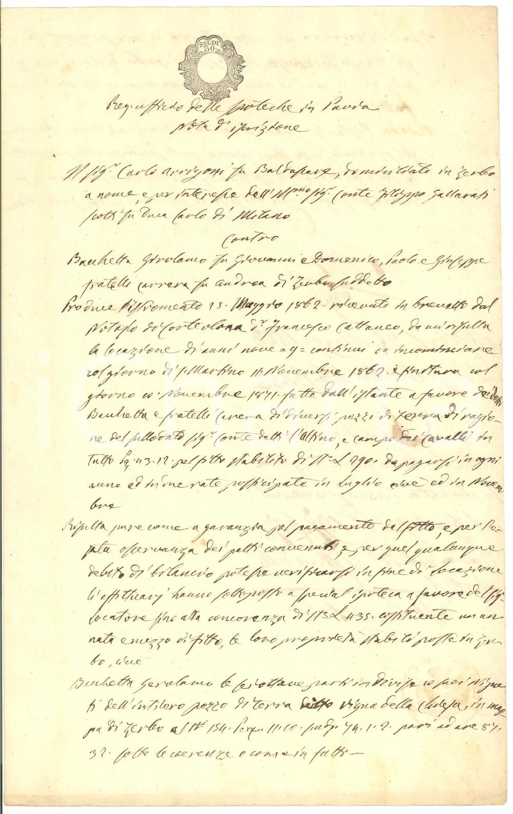 Documento originale, autentico 1862 ZERBO (PV) Rinnovo iscrizione Girolamo BACCHETTA affittuario pezzi di terra 1