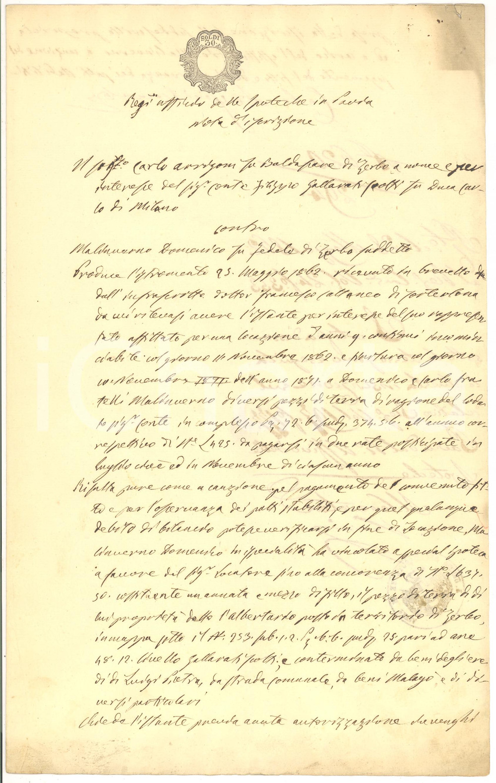 Documento originale, autentico 1862 SAN ZENONE AL PO (PV) Fratelli MALINVERNO affittuari conte GALLARATI SCOTTI 1