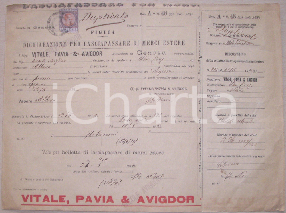 Documento originale, autentico 1920 GENOVA Lasciapassare ferrovia AVIGDOR a VERA CRUZ 1