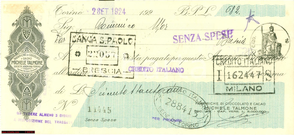 Documento originale, autentico 1924 TORINO Fabbriche cioccolato cacao Michele TALMONE 1