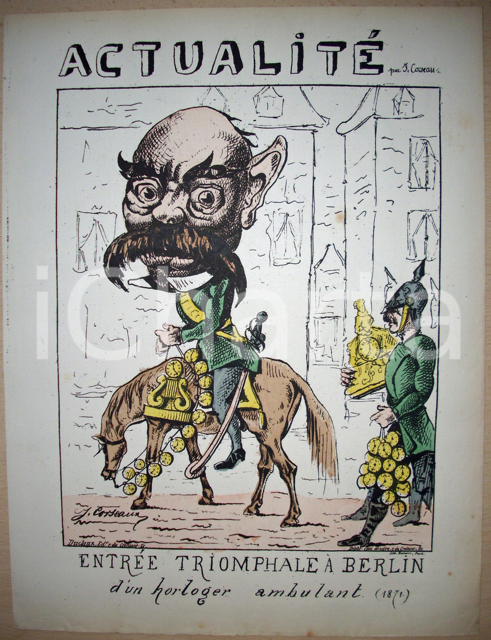 Stampa, bozzetto originale 1870 Caricatura EntrÃ©e Ã  BERLIN Illustratore COURSEAUX 1