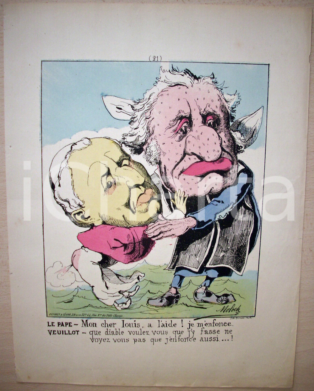 Stampa, bozzetto originale 1870 Caricatura LE PAPE Illustratore Hector MOLOCH 1