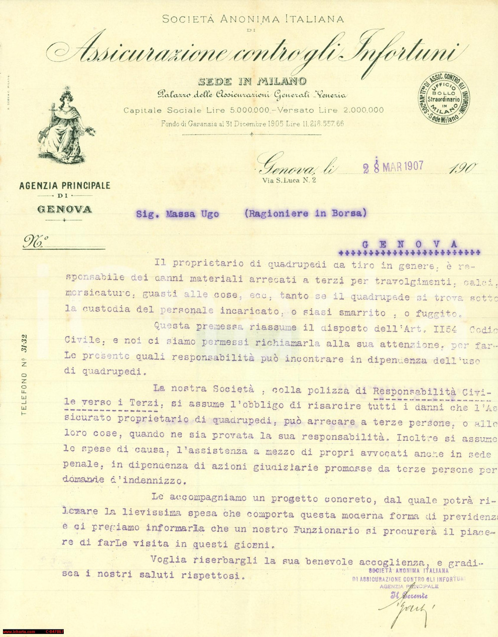 Documento originale, autentico 1907 GENOVA Assicurazioni sui danni quadrupedi da tiro 1