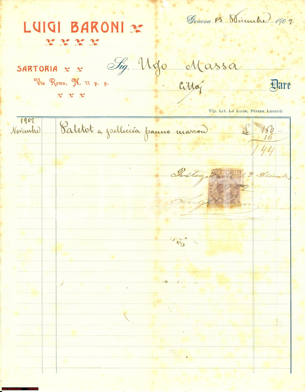 Manoscritto, lettera originale 1902 GENOVA Paletot Sartoria Luigi BARONI per Ugo MASSA 1