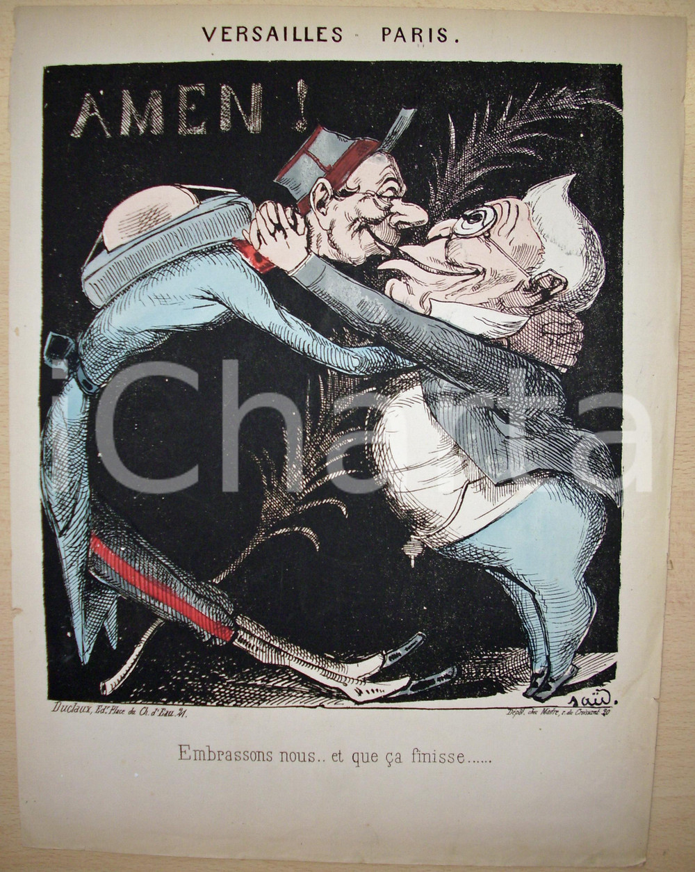 Stampa, bozzetto originale 1871 Caricatura VERSAILLES PARIS Embrassons nous Stampa 1