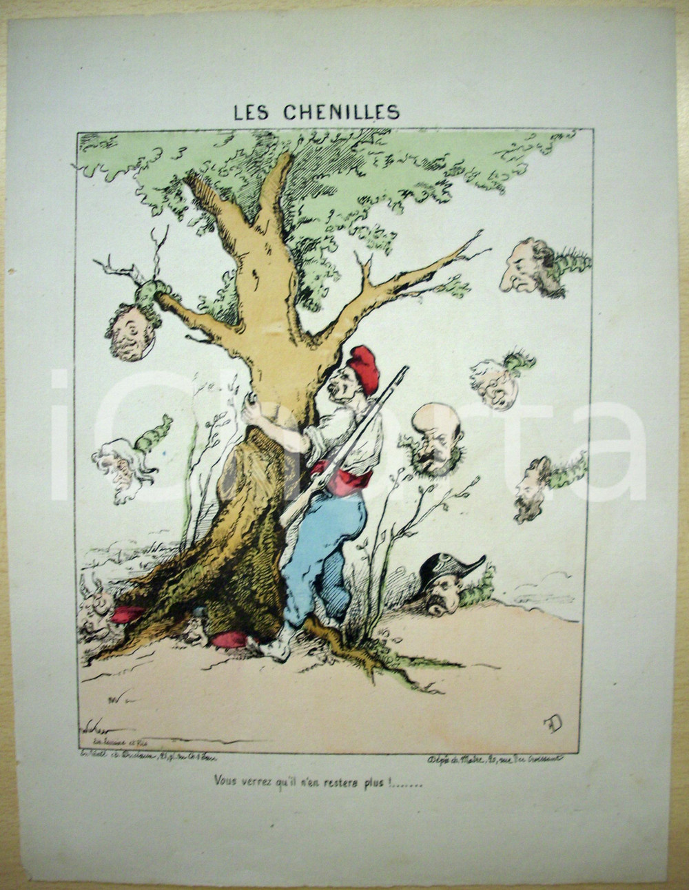 Stampa, bozzetto originale 1871 Caricatura LES CHENILLES Illustratore DE FRONDAT 1