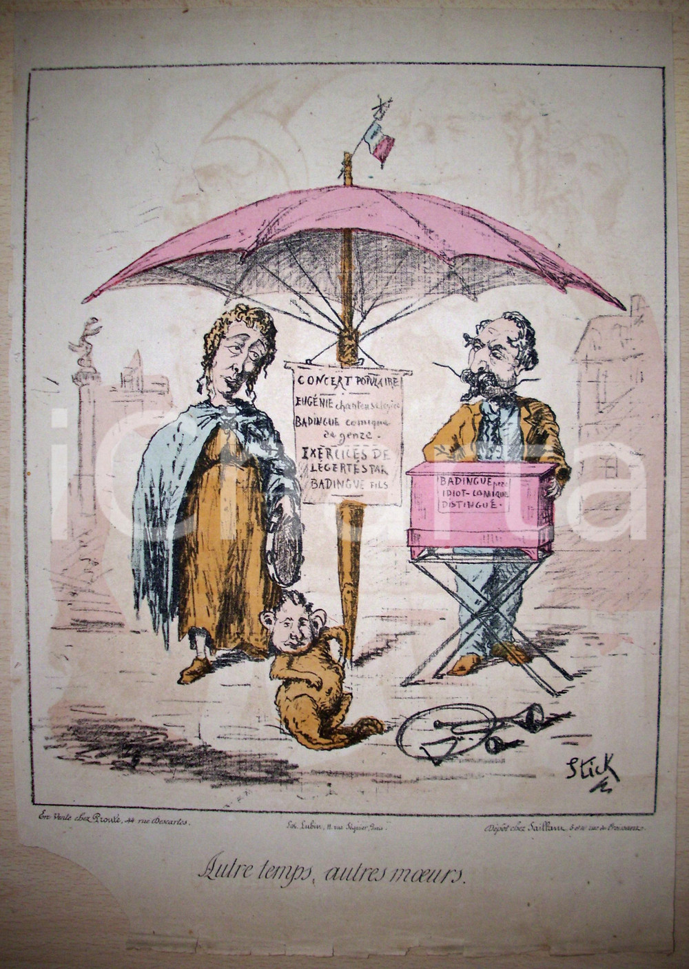 Stampa, bozzetto originale 1870 Caricatura Autre temps, autres moeurs Ill. STICK 1