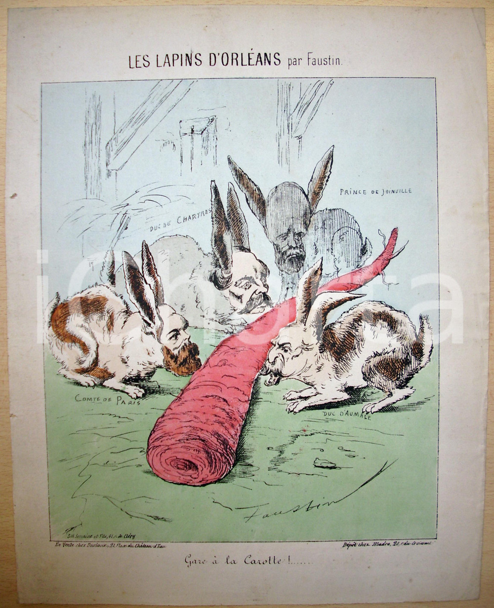 Stampa, bozzetto originale 1871 Caricatura Les lapins d'ORLEANS Faustin BETBEDER 1