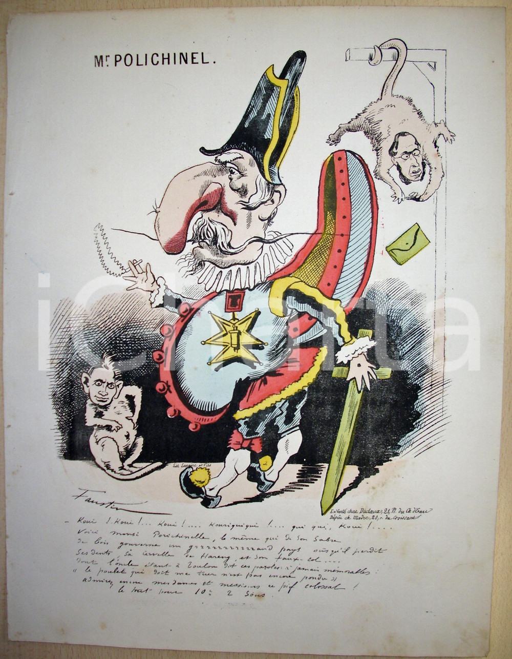 Stampa, bozzetto originale 1871 Caricatura M. POLICHINEL Illustr. Faustin BETBEDER 1