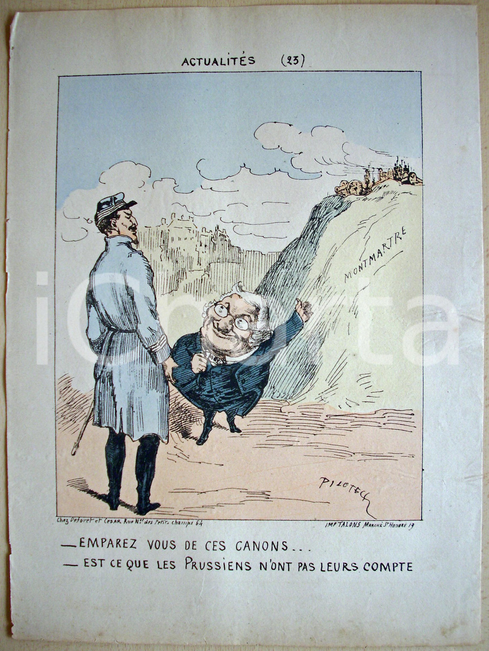 Stampa, bozzetto originale 1871 Caricatura Les canons de MONTMARTRE Ill. PILOTELL 1