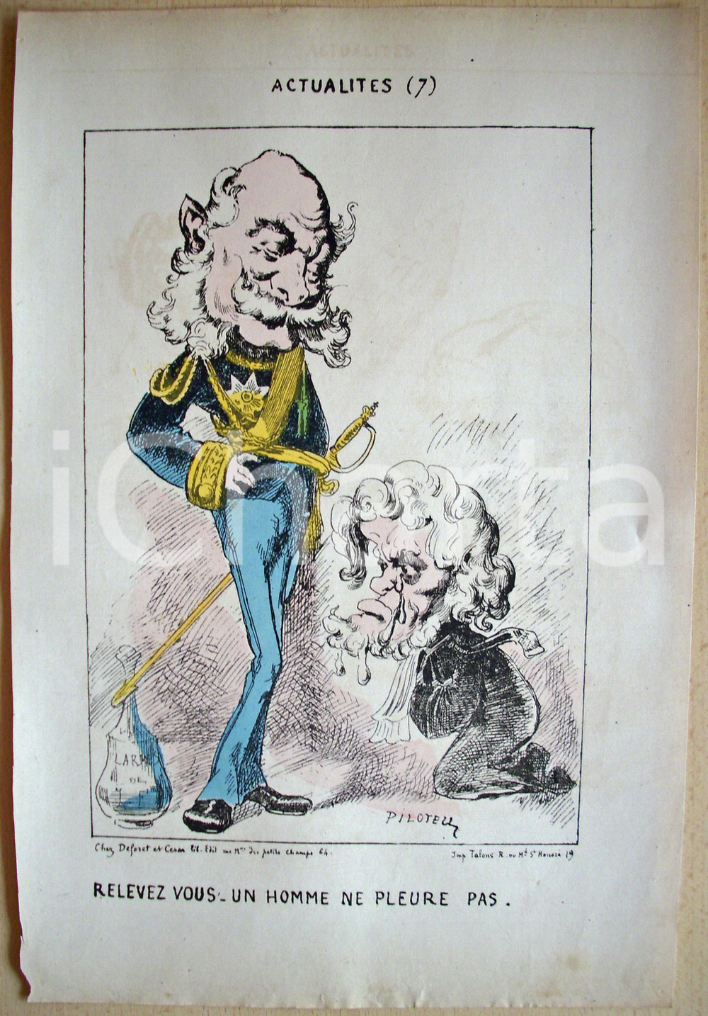 Stampa, bozzetto originale 1871 Caricatura Un homme ne pleure pas Illust. PILOTELL 1