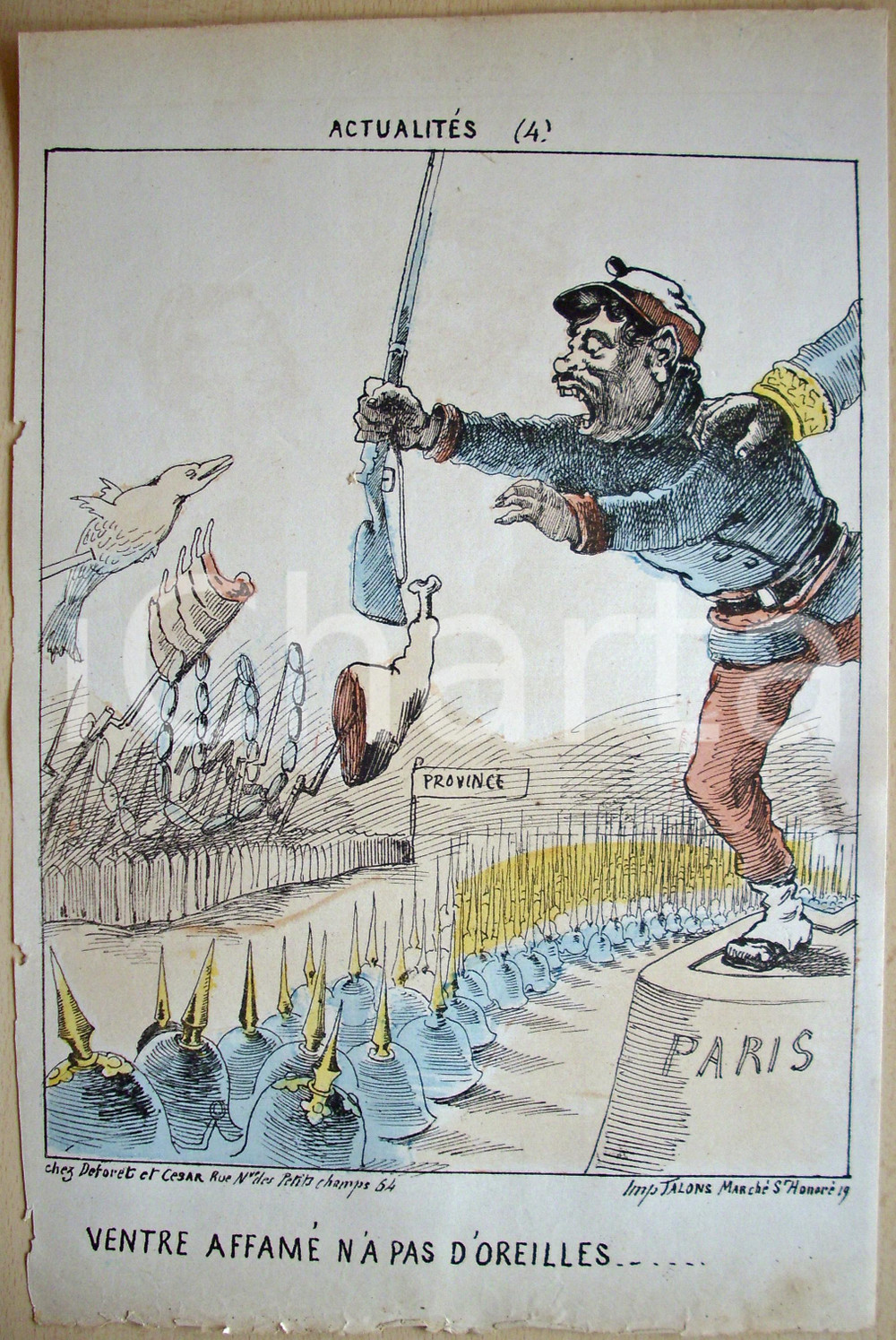 Stampa, bozzetto originale 1871 Caricatura Ventre affamÃ© n'a pas d'oreilles Stampa 1