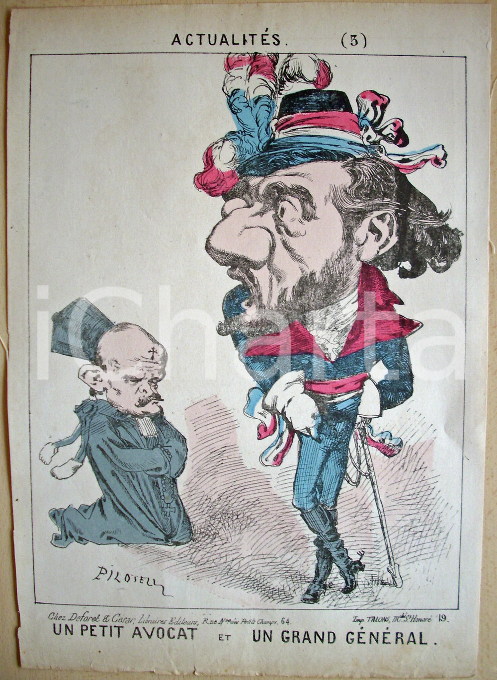 Stampa, bozzetto originale 1871 Caricatura Petit AVOCAT et grand GENERAL PILOTELL 1