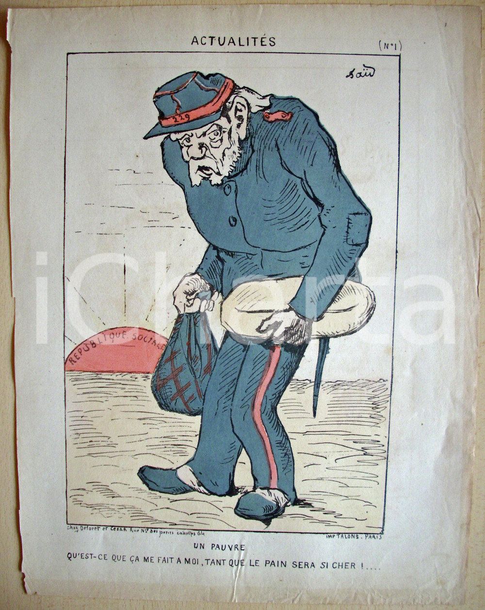 Stampa, bozzetto originale 1871 Caricatura UN PAUVRE Tant que le pain sera si cher 1