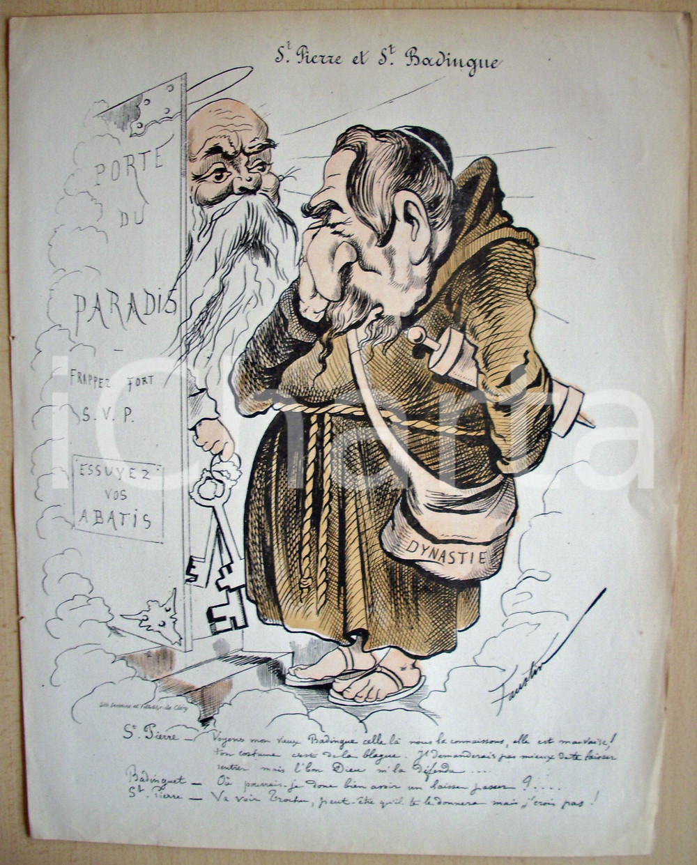 Stampa, bozzetto originale 1871 Caricatura SAINT PIERRE et SAINT BADINGUE Betbeder 1