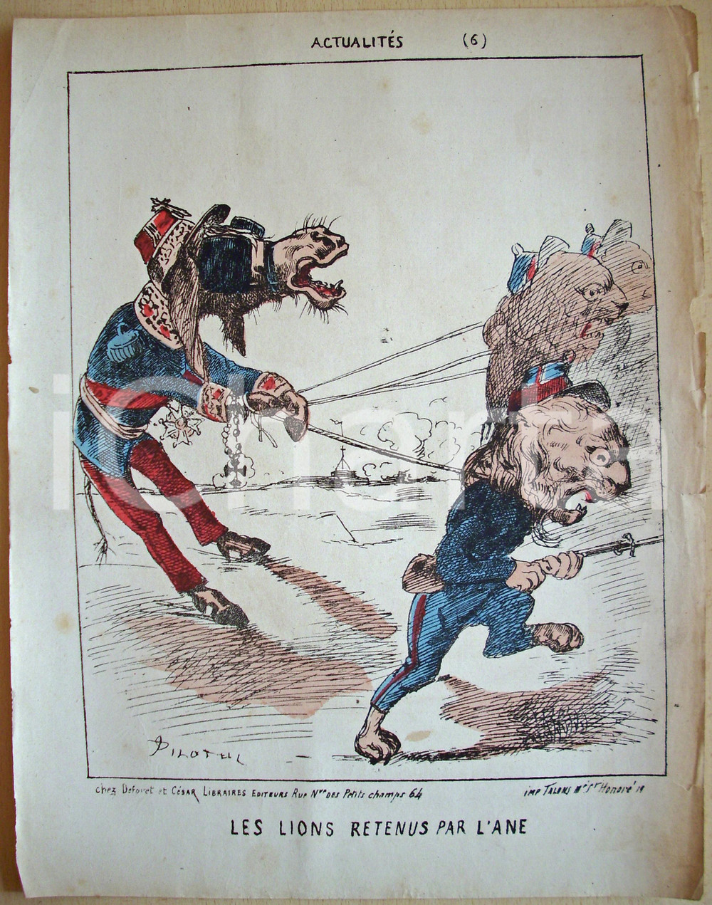 Stampa, bozzetto originale 1871 Caricatura Leoni trattenuti da asino Ill. PILOTELL 1