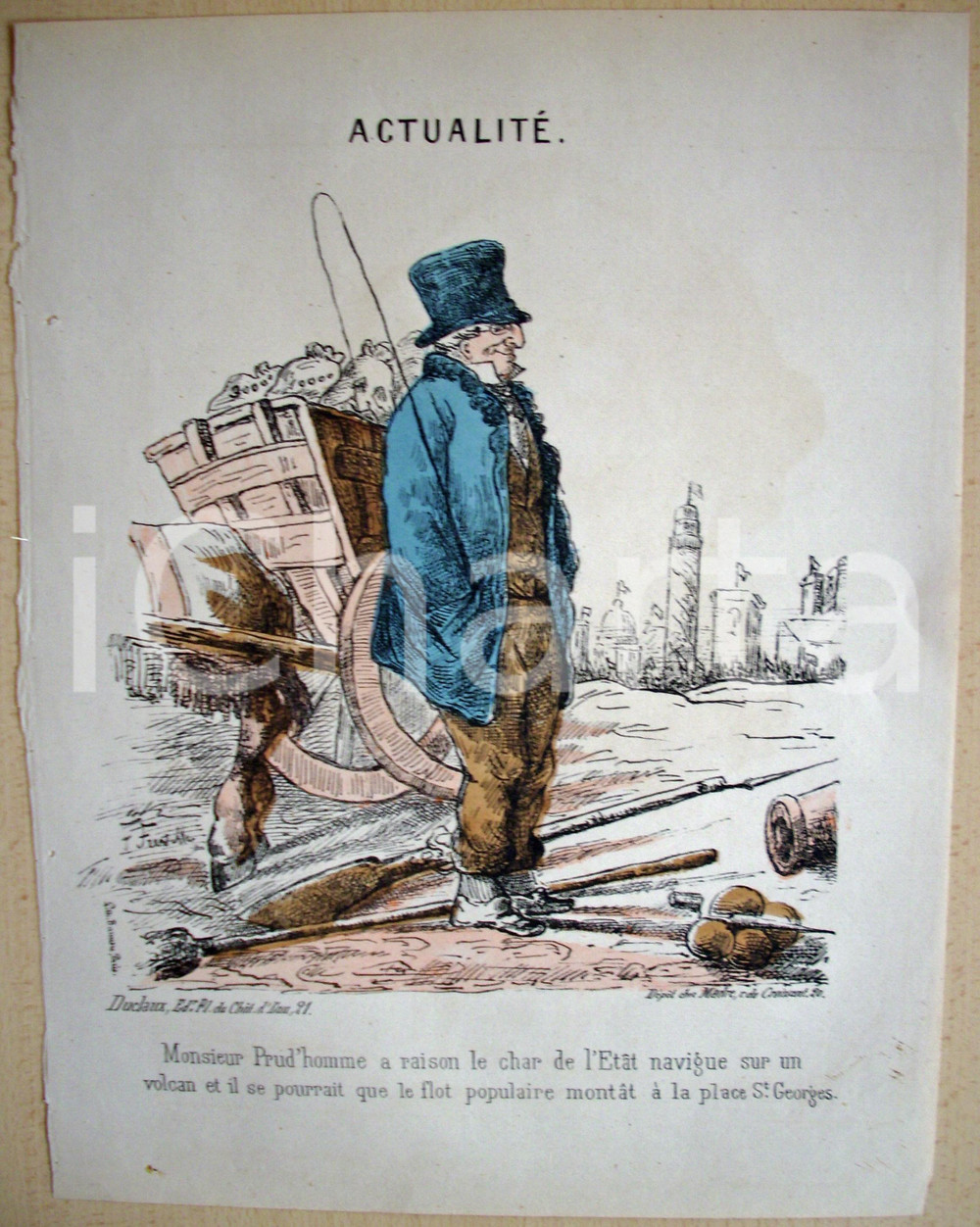 Stampa, bozzetto originale 1871 Caricatura Le char de l'Etat navigue sur un volcan 1