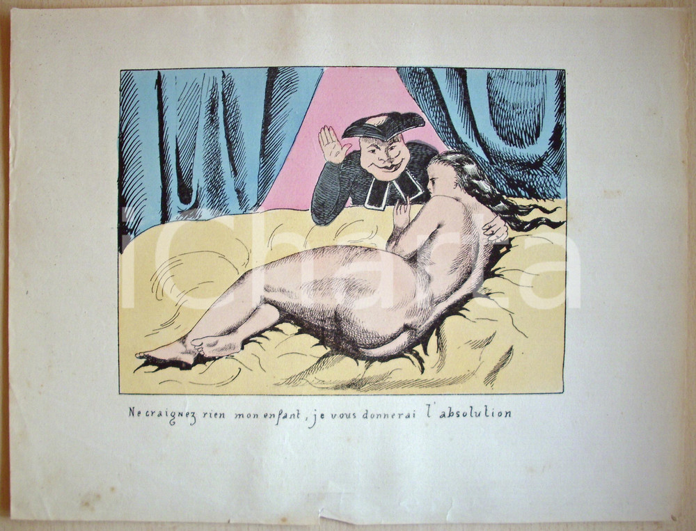 Stampa, bozzetto originale 1871 Caricatura CORSEAUX - PRETE LUSSURIOSO e la giovane *Stampa 35x27 cm 1