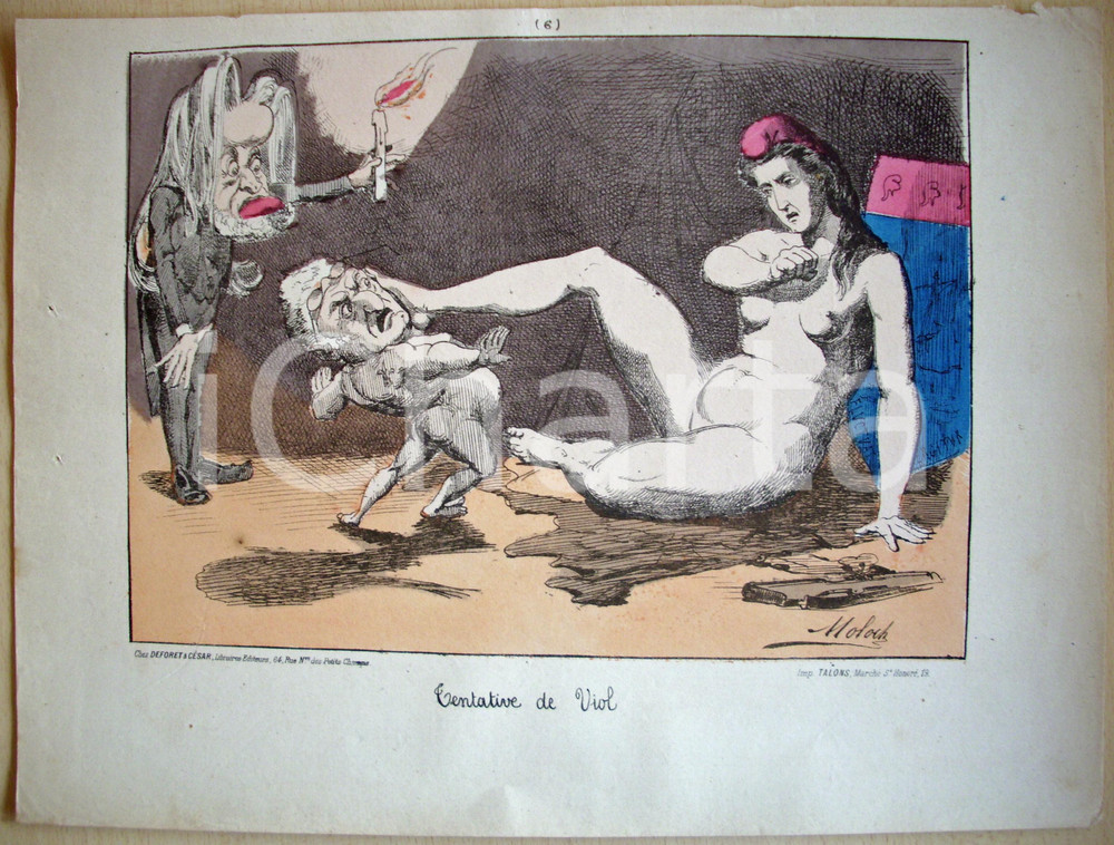 Stampa, bozzetto originale 1871 Caricatura Tentative de Viol Ill. Hector MOLOCH 1
