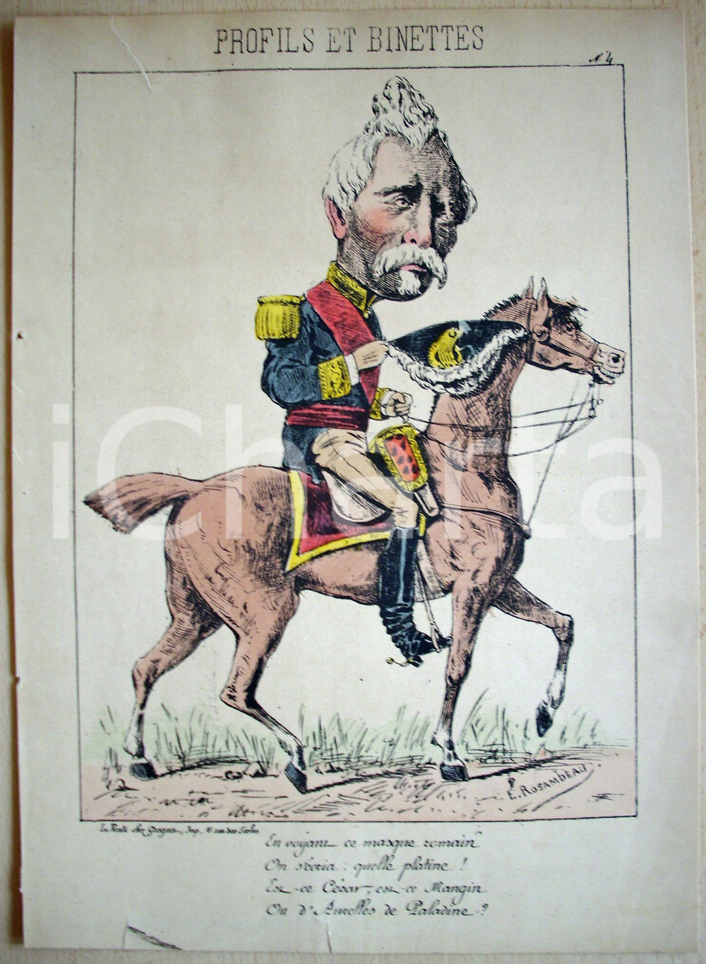 Stampa, bozzetto originale 1871 Caricatura PROFILS ET BINETTES Ill. E. ROSAMBEAU 1