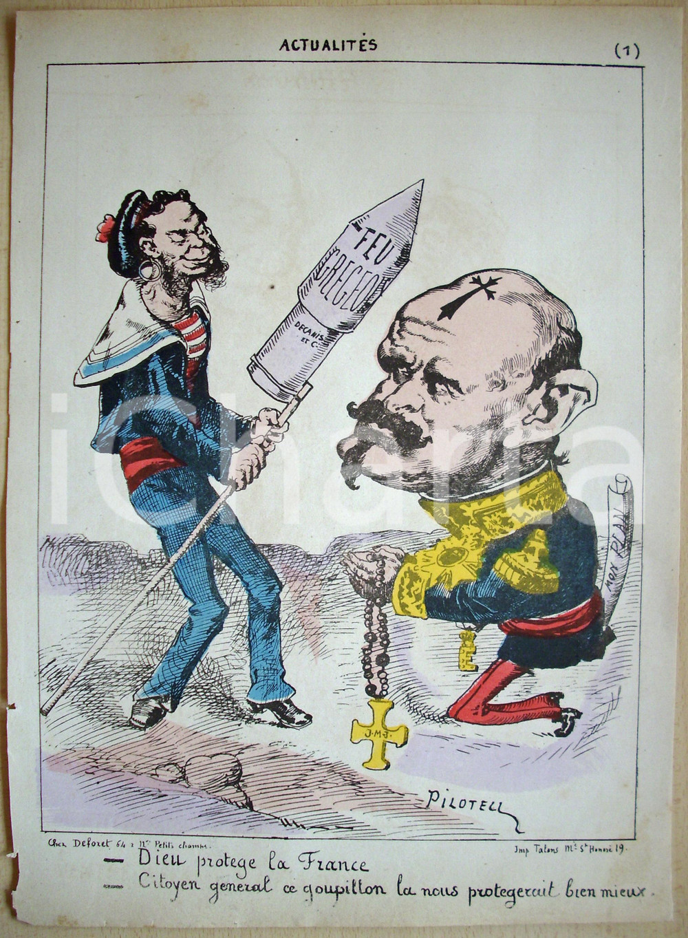 Stampa, bozzetto originale 1871 Caricatura Un GOUPILLON protegera la FRANCE Stampa 1