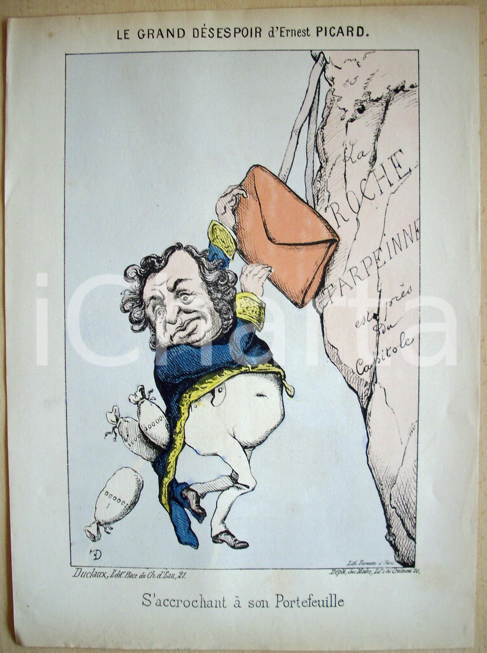 Stampa, bozzetto originale 1871 Caricatura Le grand dÃ©sespoir d'ERNEST PICARD 1