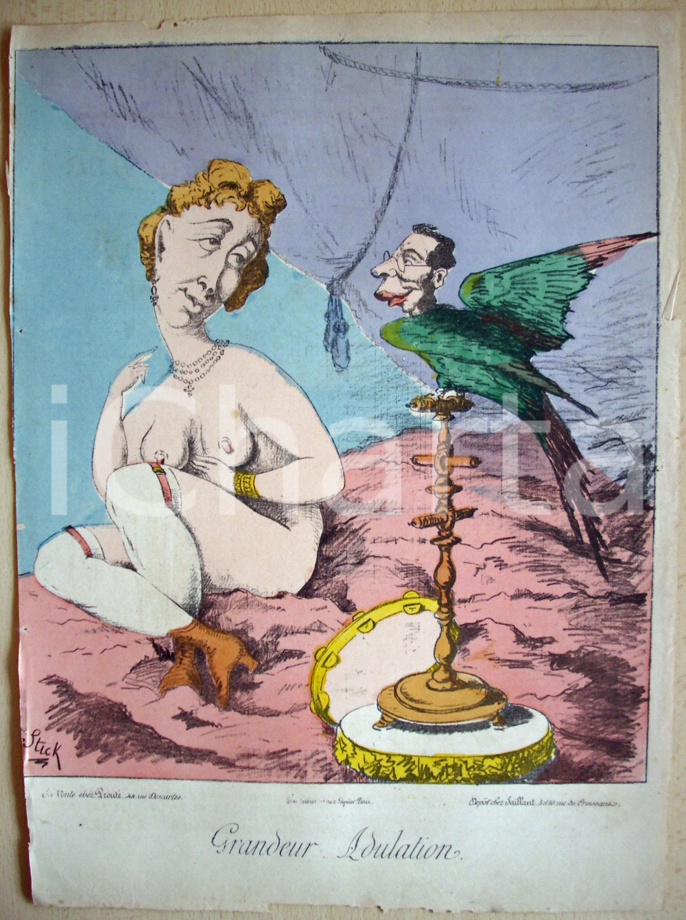 Stampa, bozzetto originale 1871 Caricatura GRANDEUR ADULATION Illustratore STICK 1