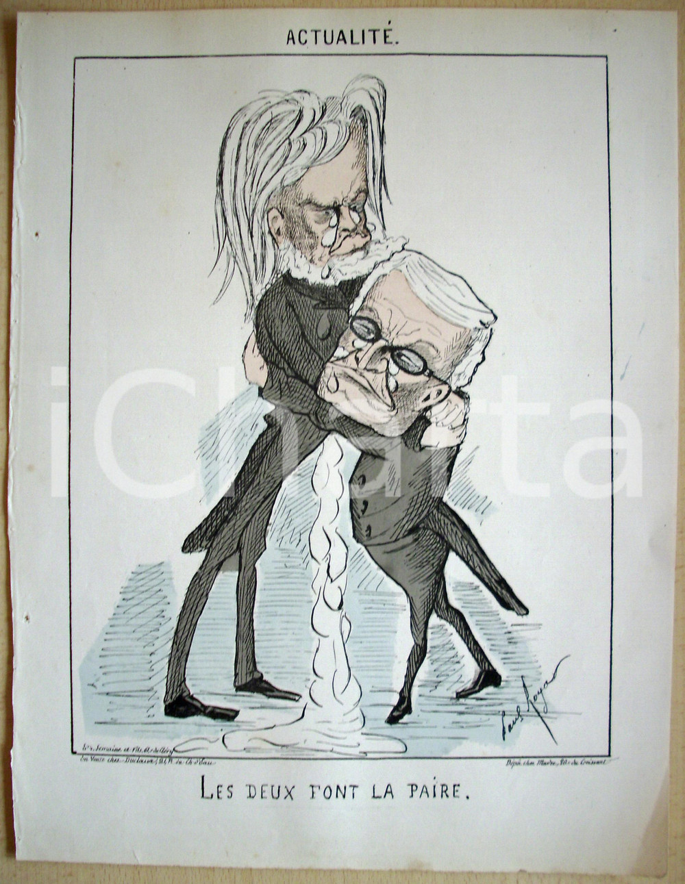 Stampa, bozzetto originale 1871 Caricatura LES DEUX FONT LA PAIRE Illus. Paul ROYA 1