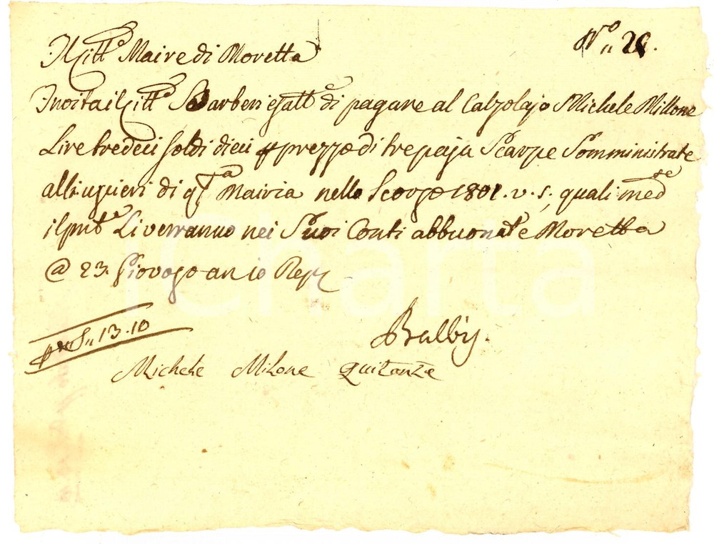 Documento originale, autentico 1802 MORETTA (CN) Scarpe per gli uscieri della mairie 1