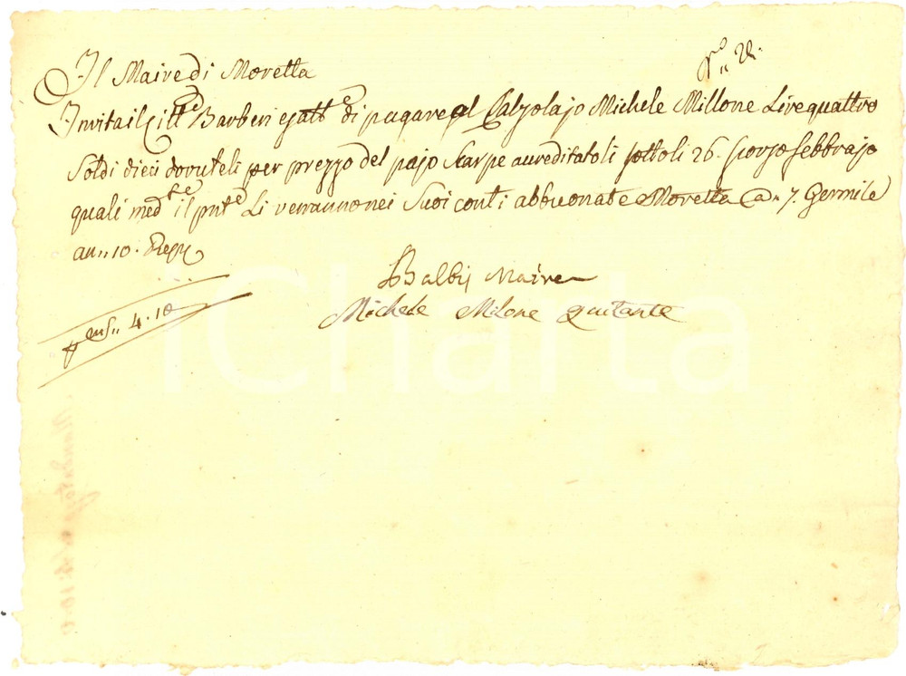 Documento originale, autentico 1802 MORETTA (CN) Conto del calzolaio Michele MILLONE 1