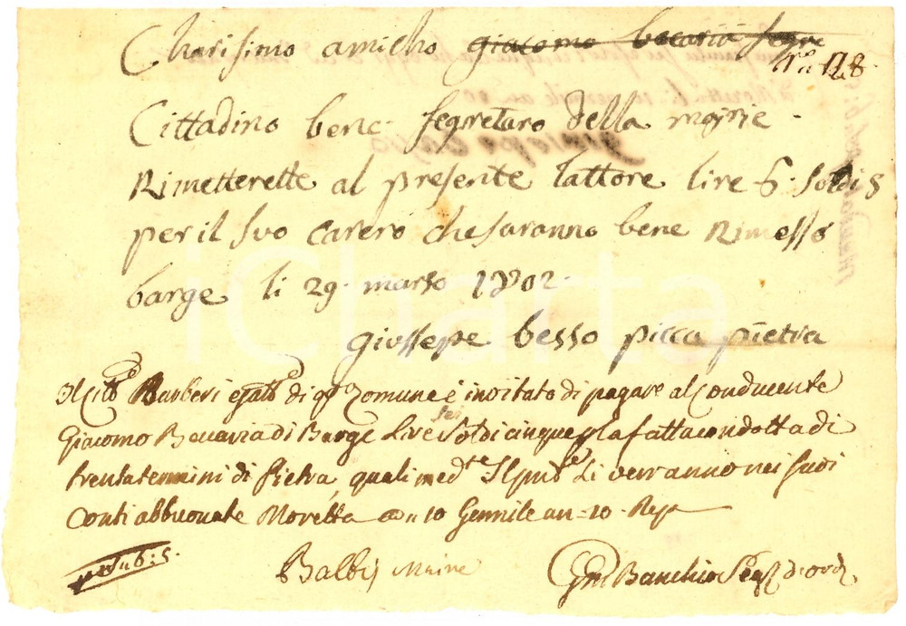 Documento originale, autentico 1802 BARGE (CN) Conto del piccapietre Giuseppe BASSO 1