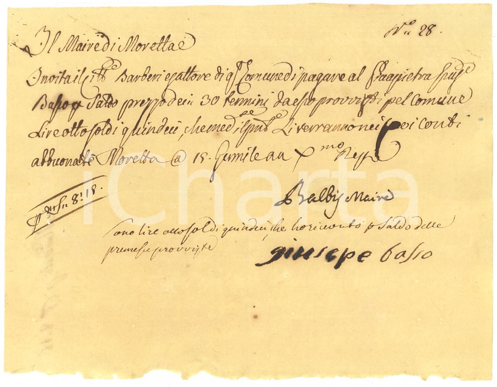 Documento originale, autentico 1802 MORETTA (CN) Giuseppe BASSO fornisce 30 termini 1