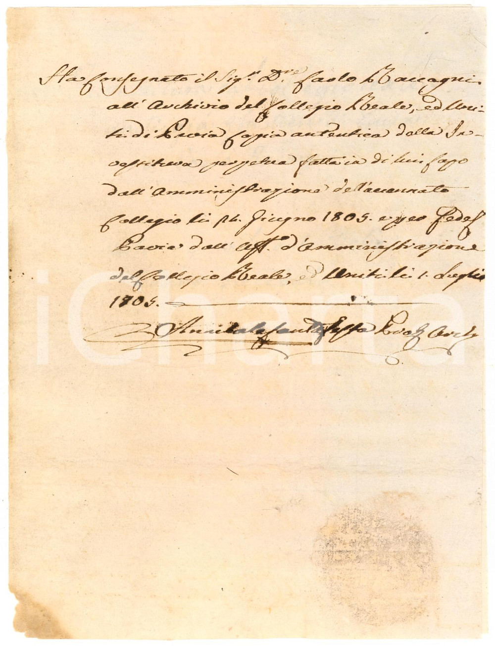 Documento originale, autentico 1805 PAVIA Deposito investitura archivio COLLEGIO REALE 1