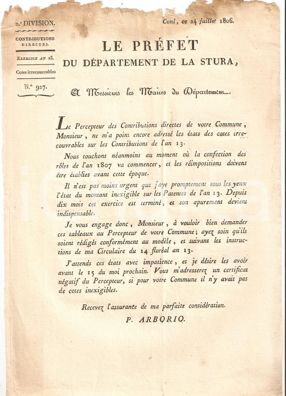 Documento originale, autentico 1806 CUNEO Crediti irrecuperabili PIEMONTE NAPOLEONICO 1