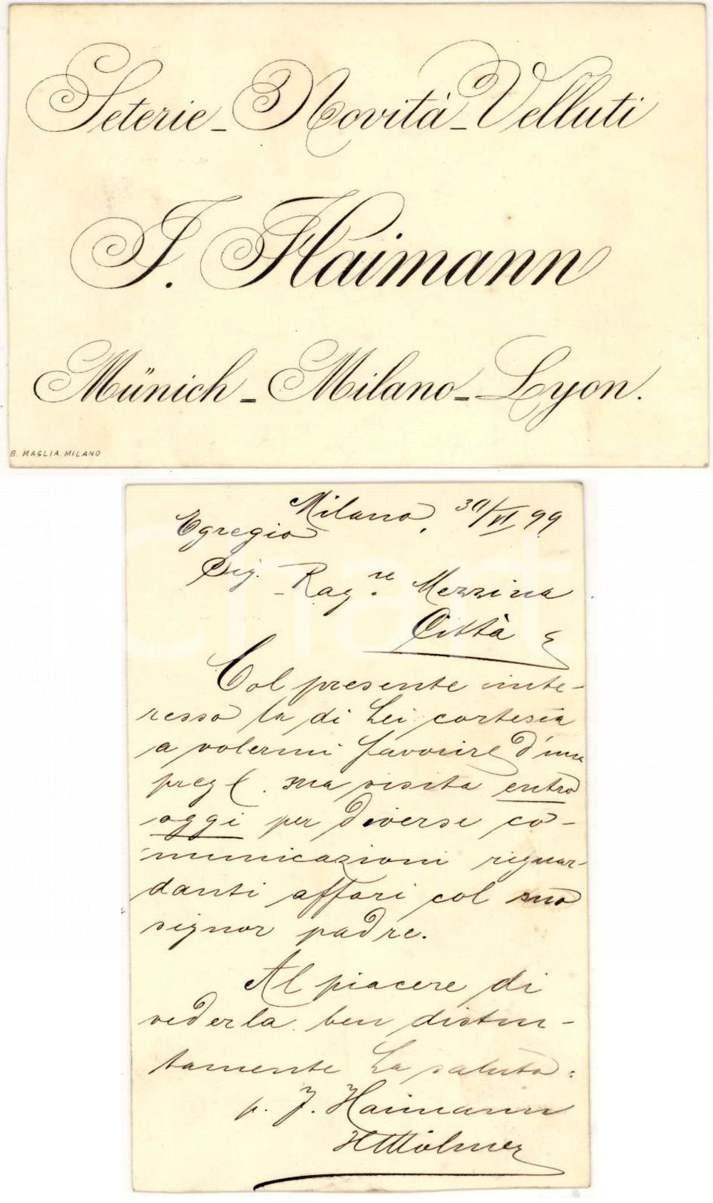 Oggetto da collezione cartaceo 1899 MILANO Seterie e Velluti I. HAIMANN biglietto 1