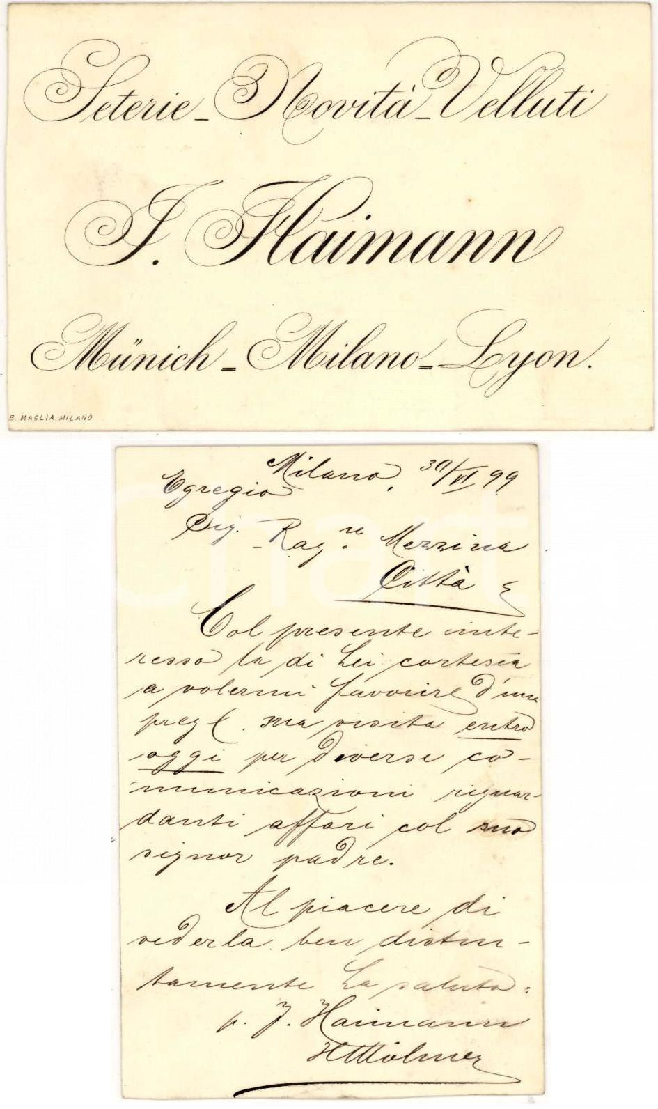 Oggetto da collezione cartaceo 1899 MILANO Seterie e Velluti I. HAIMANN biglietto 1