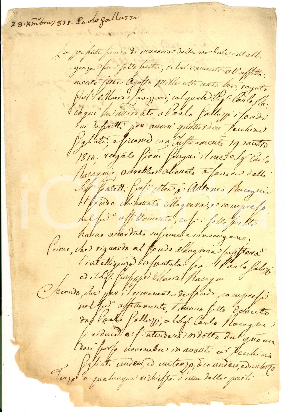 Documento originale, autentico 1811 TORRAZZA COSTE PV Memoria affitto a Paolo GALLUZZI 1