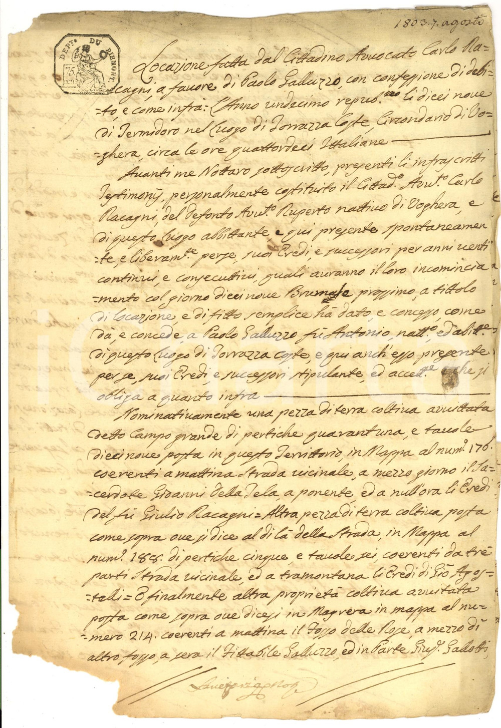 Documento originale, autentico 1803 TORRAZZA COSTE Carlo RACCAGNI affitta a GALLUZZI 1