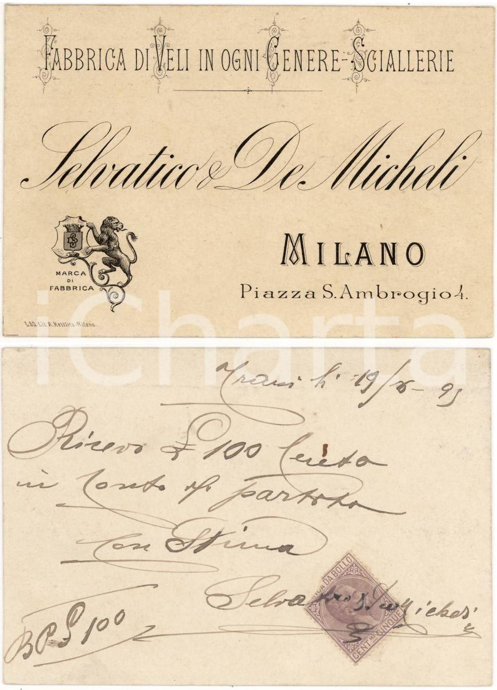 Oggetto da collezione cartaceo 1895 MILANO Piazza Sant Ambrogio 4 Fabbrica veli SELVATICO & DE MICHELI 1
