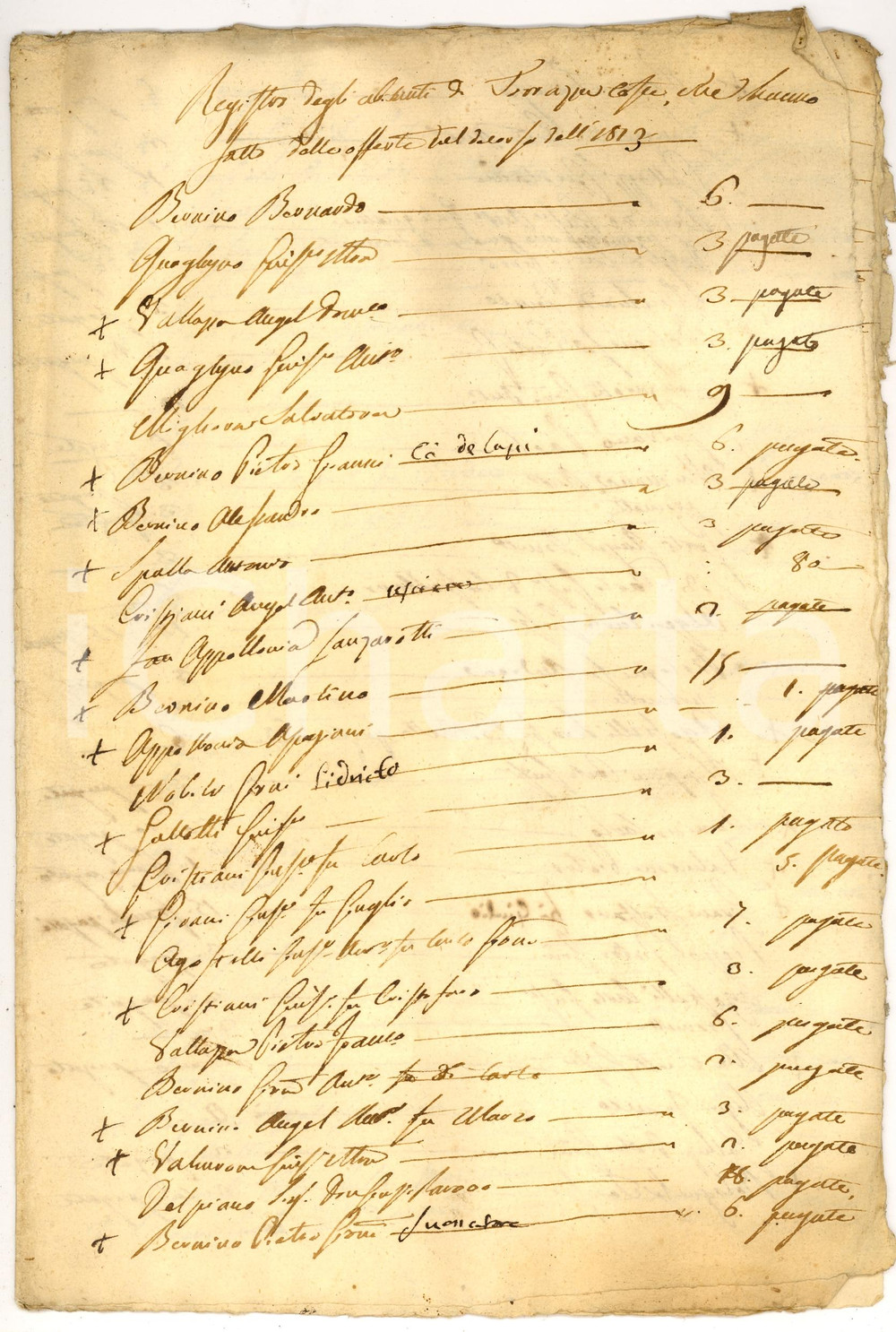 Documento originale, autentico 1813 TORRAZZA COSTE PV Registro offerte degli abitanti 1