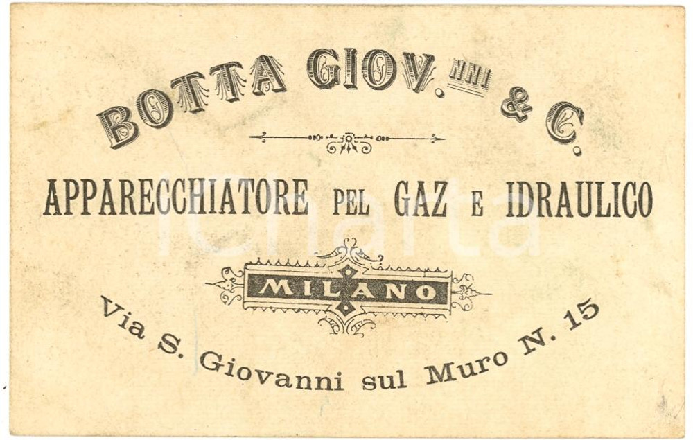 Oggetto da collezione cartaceo 1900 ca MILANO Via San Giovanni sul Muro Apparecchiatore BOTTA Giovanni & C. 1