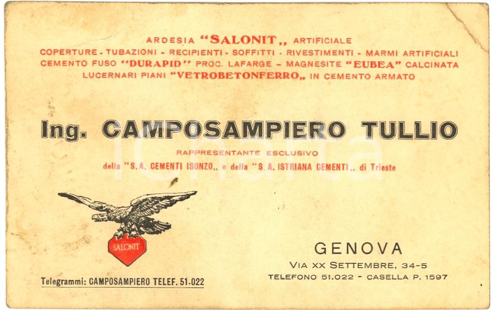 Oggetto da collezione cartaceo 1930 ca GENOVA via XX Settembre 34 rappresentante Ing.CAMPOSAMPIERO Tullio 1