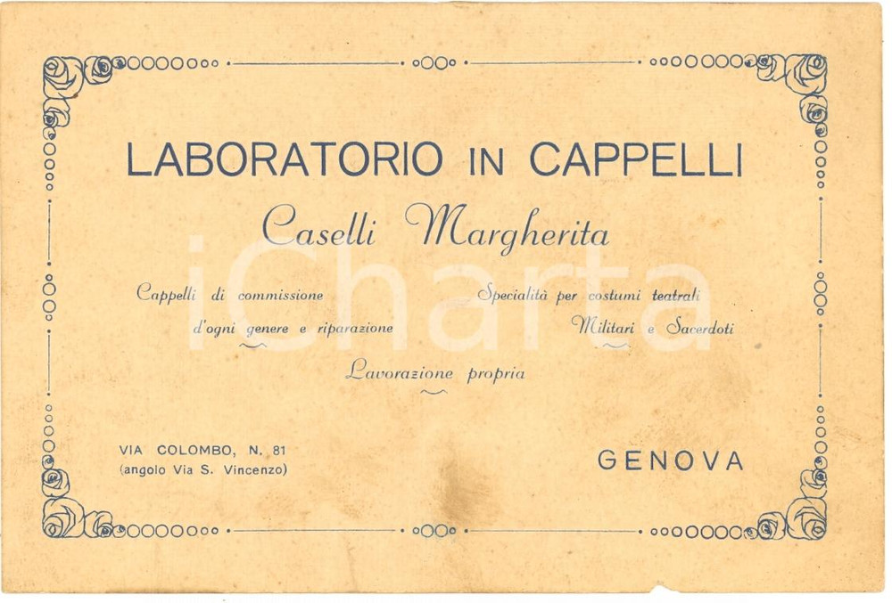 Oggetto da collezione cartaceo 1920 ca GENOVA Via Colombo 81 Laboratorio cappelli CASELLI Margherita 1
