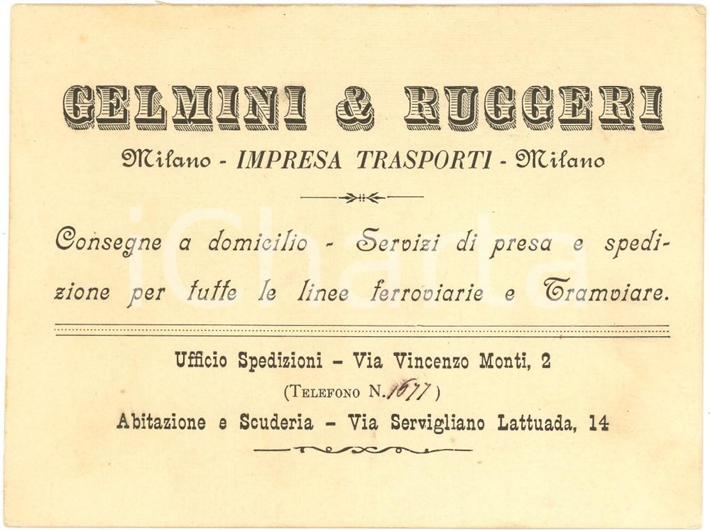 Oggetto da collezione cartaceo 1920 ca MILANO Via Vincenzo Monti 2 Trasporti ferroviari GELMINI & RUGGERI 1