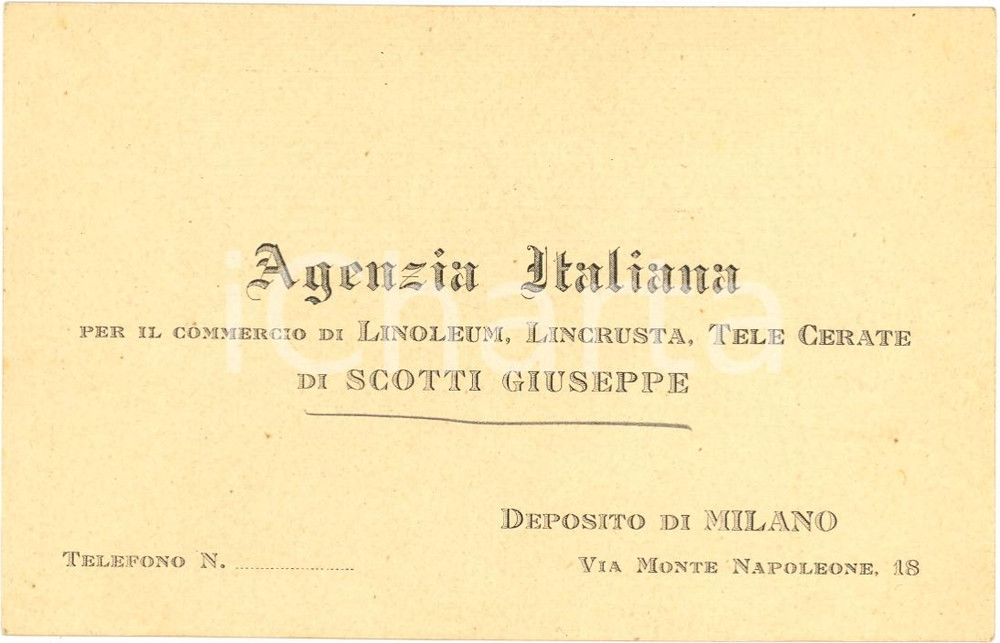 Oggetto da collezione cartaceo 1920 circa MILANO Via Monte Napoleone 18  Linoleum lincrusta SCOTTI Giuseppe 1
